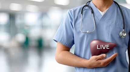 Healthcare professional holds a liver model to promote organ donation awareness in a modern hospital setting