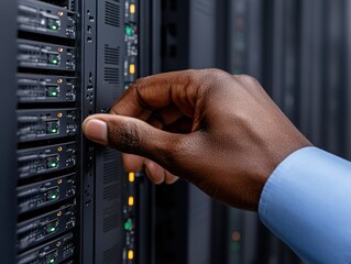 Adult male interacting with server rack in technology room