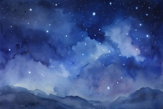 Watercolor painting of a night sky with stars and clouds, featuring a blue color scheme and a dreamy, ethereal quality, creating a sense of wonder and tranquility