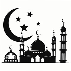 Islamic mosque and celestial symbols crescent moon