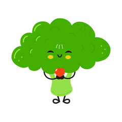 Cute broccoli character holding a red heart