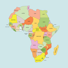 Africa political map with countries labeled and colored. Africa map isolated on white background. High detailed vector illustration.