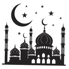 Islamic mosque silhouette with crescent moon and stars