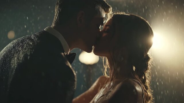 A dramatic and cinematic silhouette of a bride and groom sharing an intimate, wet kiss, backlit by a warm, glowing light.
