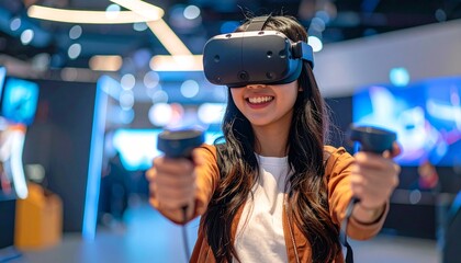 A young woman experiences the virtual reality world. She holds controllers and is engaged in the game.