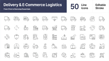 Essential Delivery & E-Commerce Logistics Streamlined Line Icons for Modern Business Operations