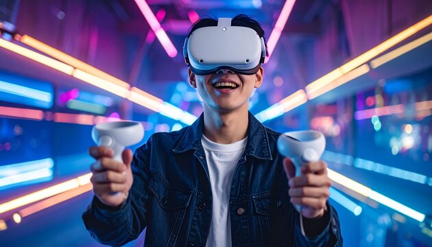 An excited person wearing a VR headset in a futuristic environment, holding controllers and experiencing virtual reality. The scene is filled with colorful neon lights and futuristic design