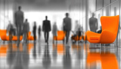 Bright Orange Chairs in Modern Office Environment with Blurred Figures Walking, Symbolizing Business Activities in White Gray Background Photo-Realistic HD