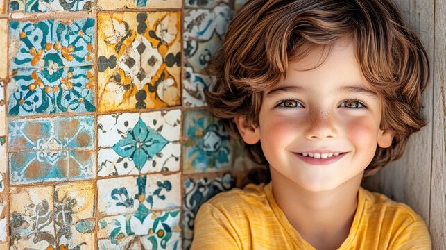 Smiling boy with short brown hair in a T-shirt against the background of a wall decorated with ceramic tiles.