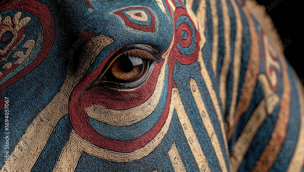 Poster close-up view of a meticulously detailed artistic rendering of a patterned equine face, showcasing i