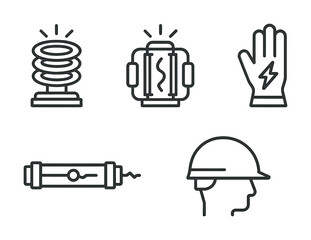 Industrial safety equipment icons: spring, battery, glove, pipe, hard hat
