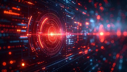 Abstract digital illustration of data flow through a circuit board, with glowing red and blue lines and circular elements