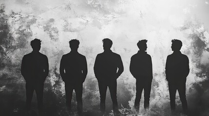 Five men in silhouette, dramatic cloudy backdrop, possible use for music album cover