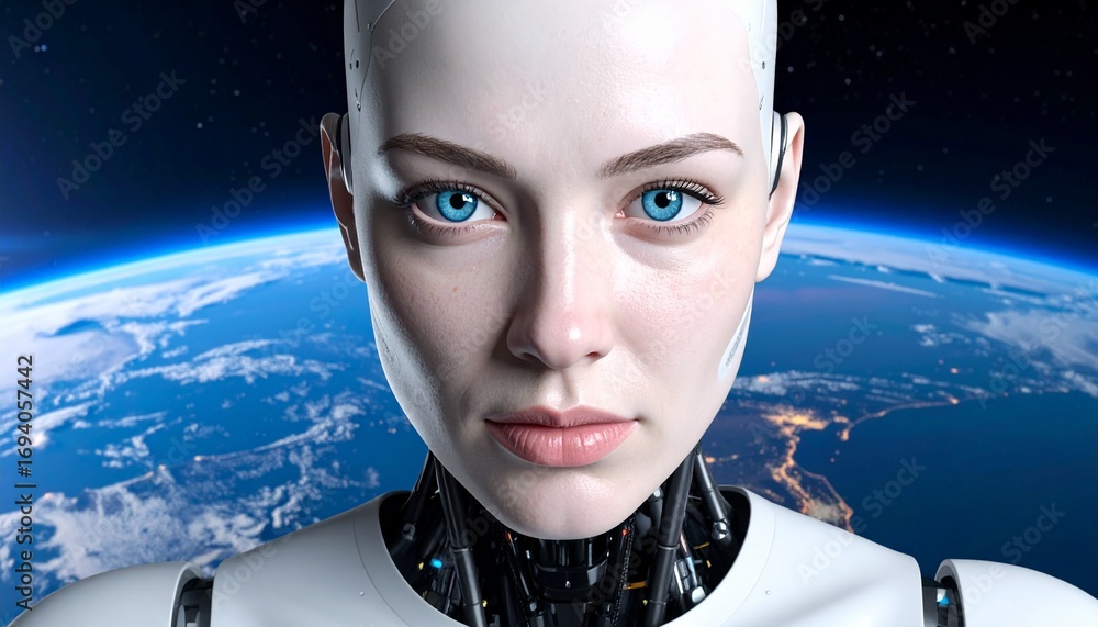 Poster a futuristic portrait of a female humanoid robot with the earth in the background, staring intensely