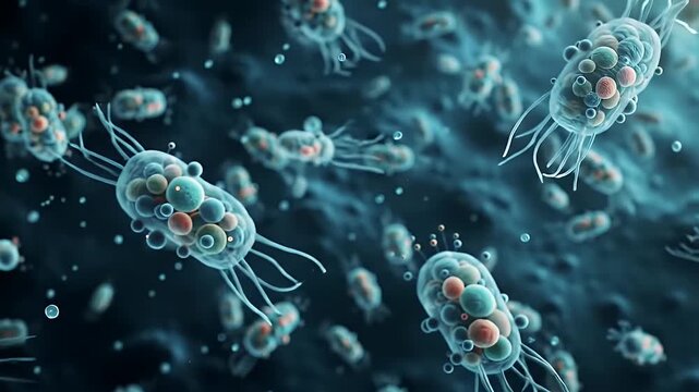 Detailed Microscopic View of Bacterial Cells with Flagella in Blue Tones Floating in a Medium Against a Dark Background for Biology Research and Healthcare Promotion Use 198
