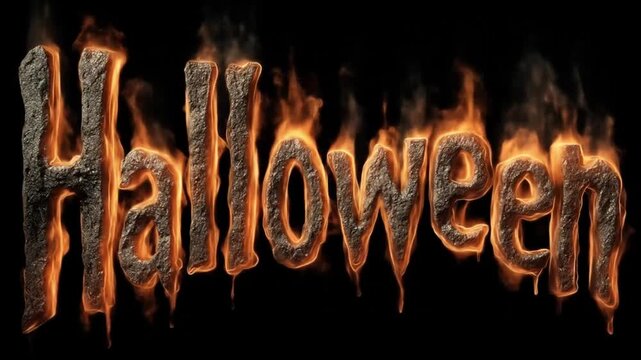 Fiery, textured Halloween text burns against a black background.