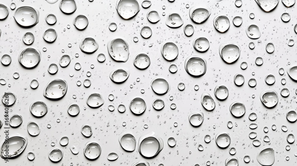 Poster crystal collection of transparent water blobs on adherent surface with dappled backdrop