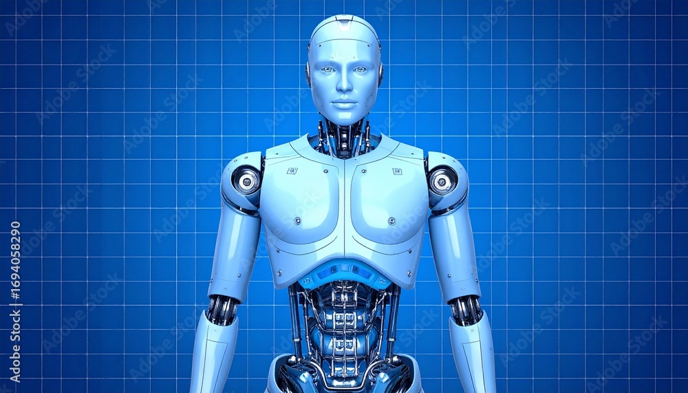 Poster a modern robot displayed with futuristic details against a blue technical backdrop. the robot stands