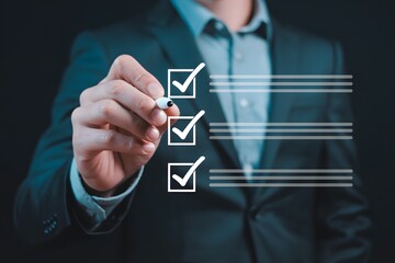 Checklist completion and task management concept with business person checking boxes on list items
