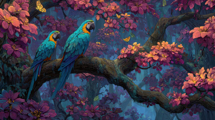 Fototapeta premium Fantasy Forest with Colorful Parrots and Butterflies