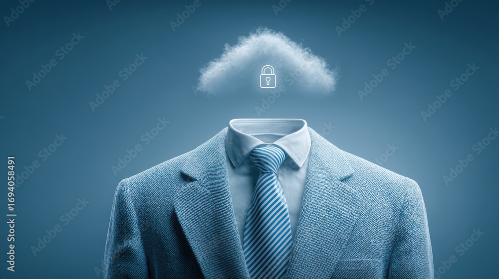 Poster cloud symbolizes secure storage, while padlock represents protection, creating unique visual of data