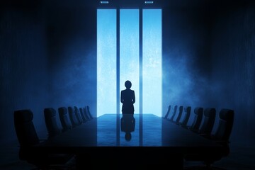 Obraz premium Silhouette of person standing in front of bright window in dark conference room with long table
