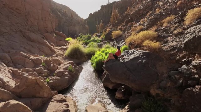Aerial view of the river and the vegetation in the arid landscape, the person is relaxing on the rocks, Ca&ntilde;on de Guatin, San Pedro de Atacama, Chile.