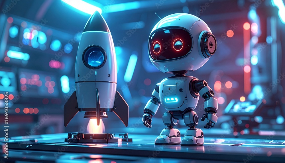 Poster a futuristic robot and rocketship in a modern science lab. the robot has a friendly design with a sl