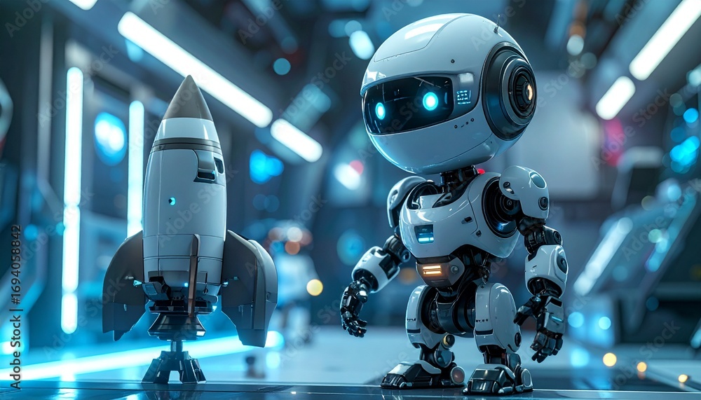 Poster a cute robot and a rocket stand side-by-side in a futuristic setting, hinting at exploration and tec