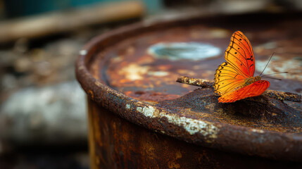 Butterfly landing on rusty barrel in abandoned industrial site close-up nature photography serene contrast