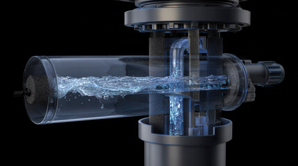 Water filtration process industrial setting 3d visualization dark background close-up technology concept