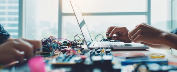 The Laptop Surrounded by Electronic Components During Collaborative Hardware Prototyping Session