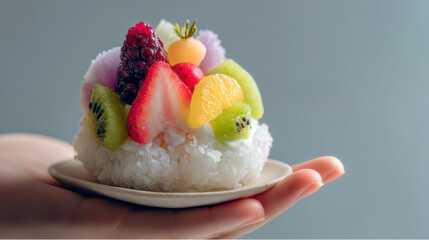 Delicious fruit japanese mochi dessert handheld presentation studio setting close-up view culinary delight