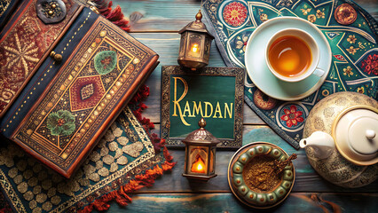 Ramadan Traditional Flat Lay with Lantern and Quran