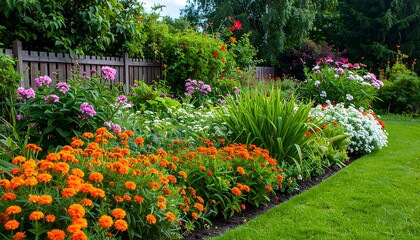 Fototapeta premium A vibrant display of blooms in a garden with a wooden fence backdrop