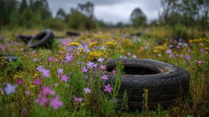 Eco-friendly action tire recycling in blooming wildflower field outdoor nature photography scenic viewpoint