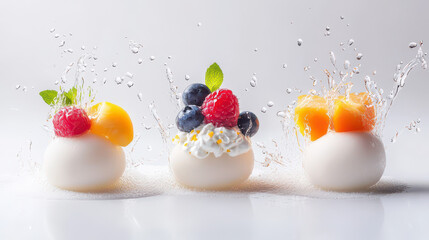 Refreshing fruit desserts splashing in water bright studio setup food photography crisp modern aesthetic