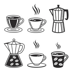 Six coffee cups and pots moka espresso