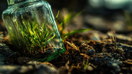 Renewed life grass growing inside a glass bottle on forest floor nature photography close-up tranquil environment