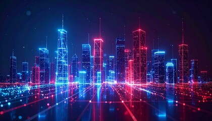 A futuristic cityscape glowing with vibrant neon lights, showcasing modern architecture and a dynamic urban environment. The skyline is illuminated with red and blue hues.
