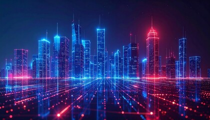 A futuristic cityscape with a neon glow, representing technological advancement and modern urban life. The skyline showcases towering buildings illuminated by vibrant blue and red lights.