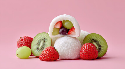Delicious mochi dessert with fruits colorful food arrangement studio setting aesthetic presentation