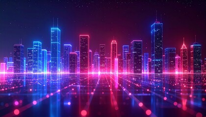 A modern city skyline illuminated by vibrant neon lights, creating a dazzling spectacle