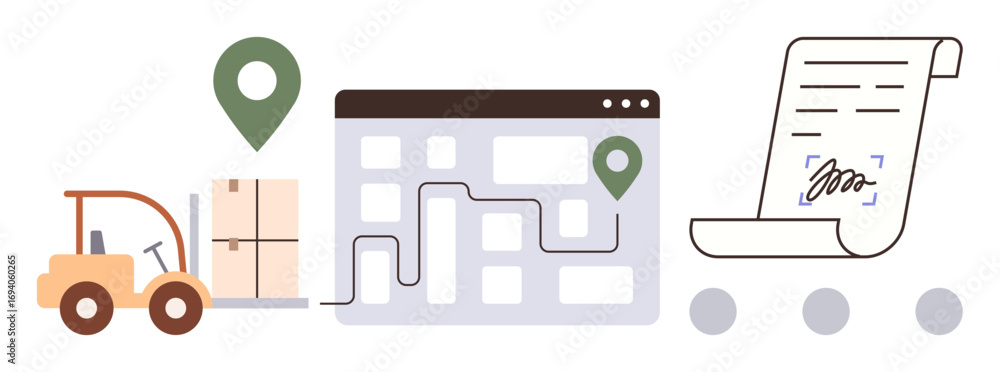 Aufkleber forklift carrying packages, navigation map showing route with checkpoints, and signed documents high