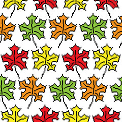 Seamless pixel art maple leaf pattern with vibrant autumn colors in red, yellow, green, and orange. Retro 8-bit design ideal for backgrounds, textiles, digital projects, fall themes, and seasonal deco