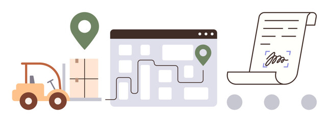 Forklift carrying packages, navigation map showing route with checkpoints, and signed documents highlight logistics and supply chain processes. Ideal for delivery, shipping, tracking, operations