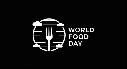 White World Food Day Graphic with Fork, Globe, and Clouds on Black Background