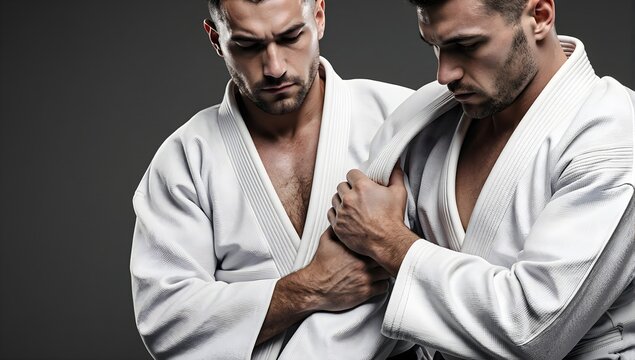 Martial Artists Practicing Judo Collar Grip Control - Powered by Adobe
