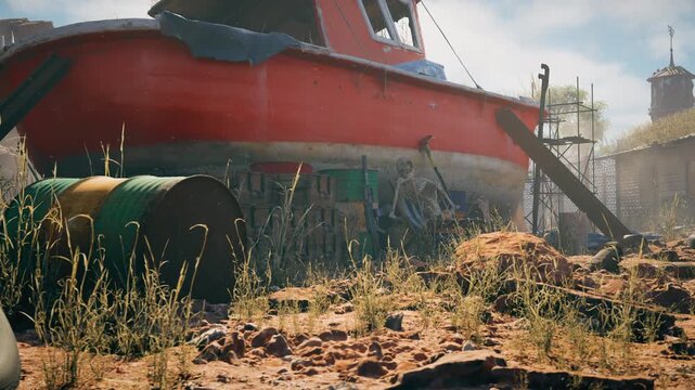 Abandoned red boat stranded on rocky desert ground, surrounded by barrels, crates, and debris, with a human skeleton sitting in a chair beneath its hull.