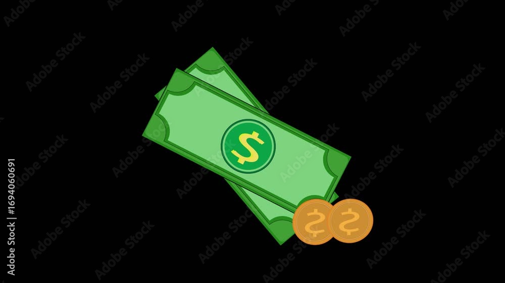 Aufkleber seamless loop of rotating money and coins animation for business banking and currency visuals. green